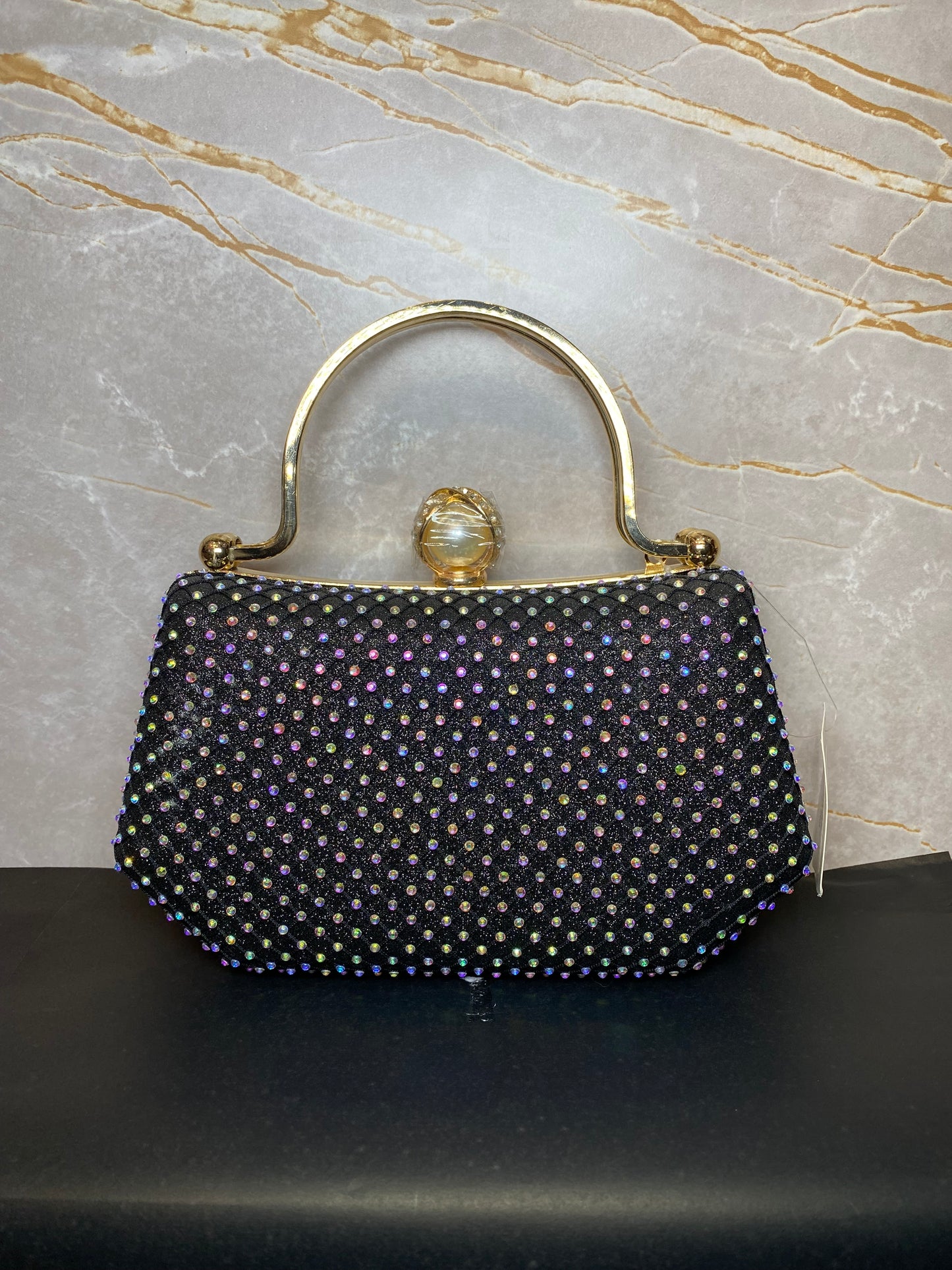 GRAND STONED BLACK HANDBAG COTTED WITH GOLDEN MINI STONE