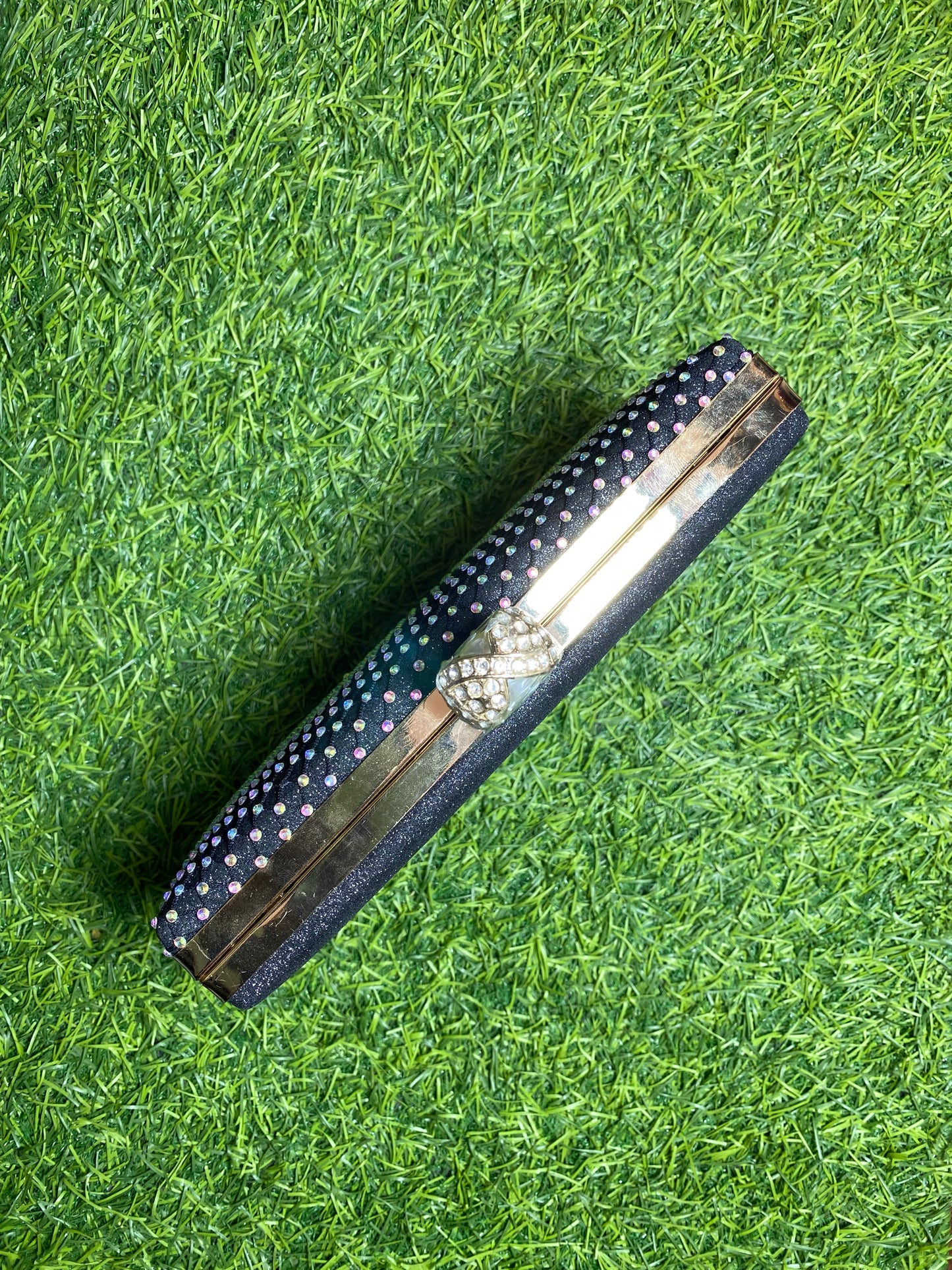 STONED BLACK SQUARE TYPE HAND PURSE WITH GOLDEN DOTTED STONE