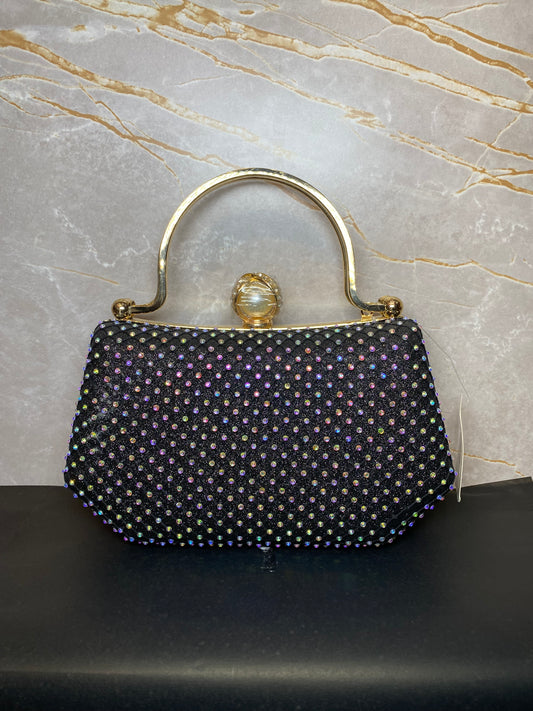 GRAND STONED BLACK  HANDBAG COTTED WITH GOLDEN MINI STONE