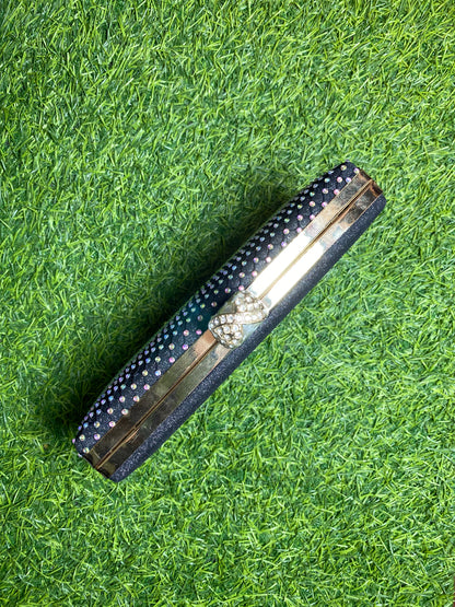 STONED BLACK SQUARE TYPE HAND PURSE WITH GOLDEN DOTTED STONE