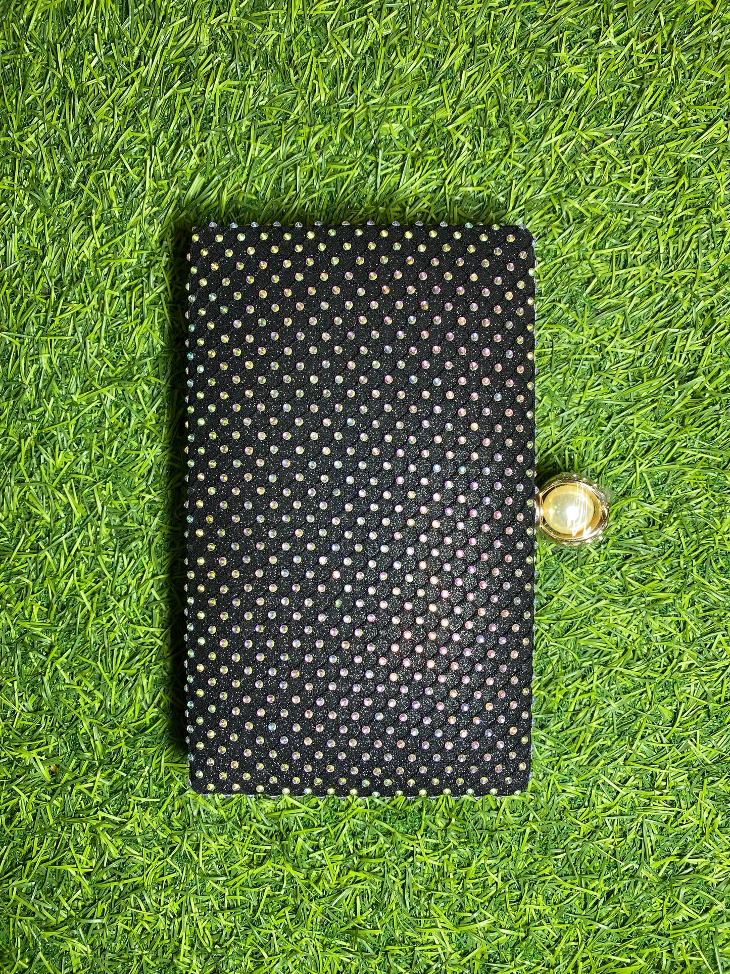 STONED BLACK SQUARE TYPE HAND PURSE WITH GOLDEN DOTTED STONE