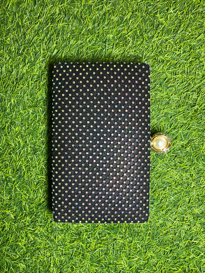 STONED BLACK SQUARE TYPE HAND PURSE WITH GOLDEN DOTTED STONE